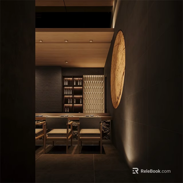 Cozy Restaurant Interior With Wooden Ceiling Dark Walls Circular Decor And Shelves With Bottles 3d model 