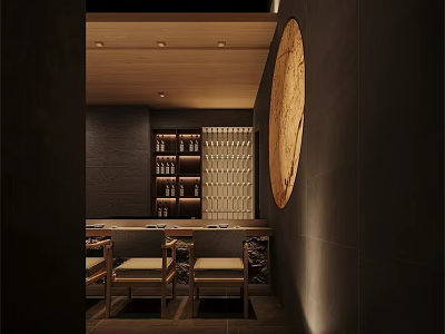 Cozy Restaurant Interior With Wooden Ceiling Dark Walls Circular Decor And Shelves With Bottles 3d model