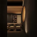 Cozy Restaurant Interior With Wooden Ceiling Dark Walls Circular Decor And Shelves With Bottles