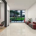 Banking Hall Interior Design With Large Windows Red Seats And Digital Screens