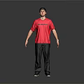 Man in Red T-shirt and Black Cap Standing with Black Pants and Shoes