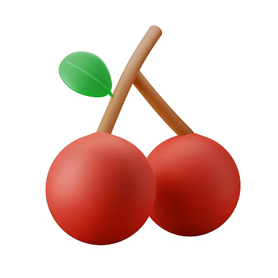 Fresh Juicy Red Cherries With Brown Stems And Green Leaf 3d model