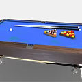 Billiard Table Sports Equipment With Blue Felt Surface Billiard Balls And Wooden Cues On Frame