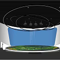 Modern Exhibition Hall Interior With Circular Ceiling Large Screens And Display Platform