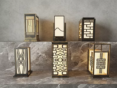 Modern Minimalist Outdoor Lights With Chinese Pattern Metal Frame Warm Light Glow On Marble Surface 3d model