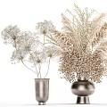 Silver Metallic Decorative Vases With Dried Pampas Grass And Palm Leaves Arrangement