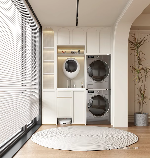 Home Balcony Laundry Area With Stacked Washing Machine Dryer White Cabinets And Potted Plant 3d model 
