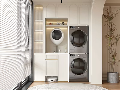 Home Balcony Laundry Area With Stacked Washing Machine Dryer White Cabinets And Potted Plant 3d model