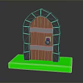 Medieval Red Wooden Door With Gray Stone Arch Frame Metal Bands And Green Base