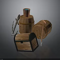 Rustic Wooden Barrels With Lidded Treasure Chest And Metal Anchor Decor