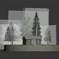 Cartoon Scene of Small Wooden Cabin on Circular Platform With Surrounding Trees and Purple Flowers