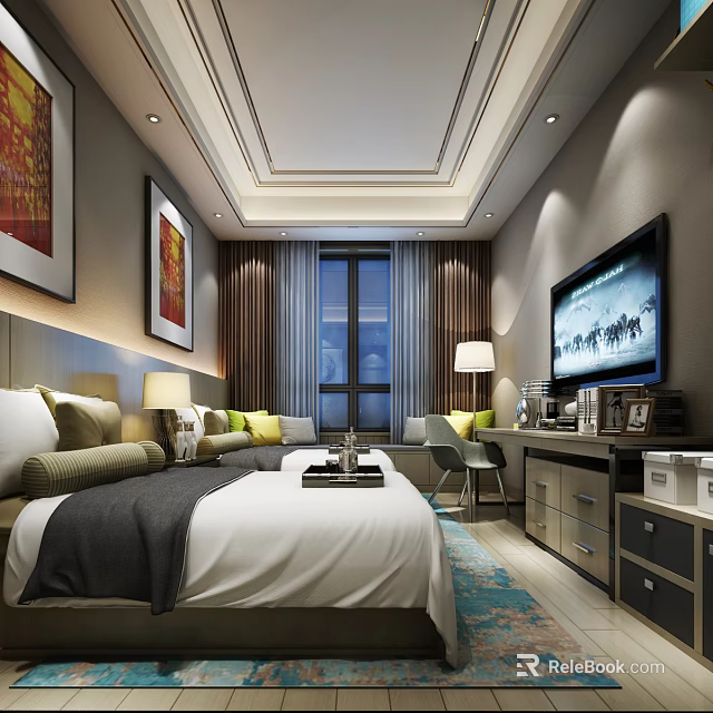 Modern Hotel Room Interior With Large Bed TV Sofa Chair And Wall Paintings 3d model 