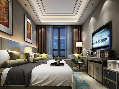 Modern Hotel Room Interior With Large Bed TV Sofa Chair And Wall Paintings 3d model