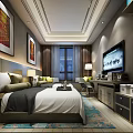Modern Hotel Room Interior With Large Bed TV Sofa Chair And Wall Paintings