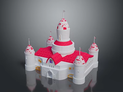 White Castle Building With Red Roof And Spire Towers Featuring Small Flags 3d model
