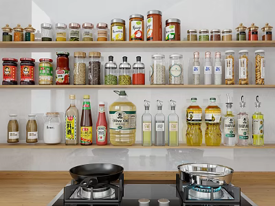 Neatly Arranged Various Spice Bottles On Kitchen Shelves With Stove And Pans 3d model
