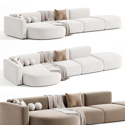 Modern Sectional Sofa In Neutral Tones With Decorative Pillows Throw Blanket And Round Balls 3d model