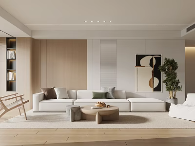 Modern Living Room With White Sofa Round Coffee Table And Plants 3d model