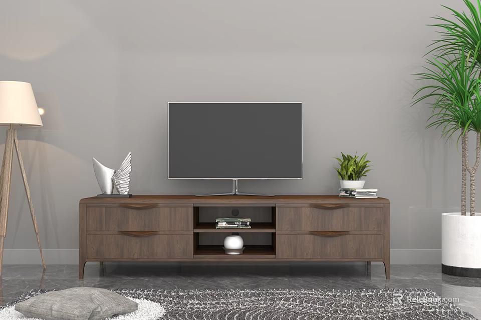 Modern Wooden TV Stand With TV Storage Drawers Decorative Sculpture And Green Plant 3d model 