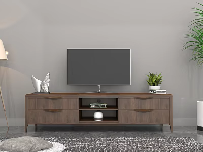 Modern Wooden TV Stand With TV Storage Drawers Decorative Sculpture And Green Plant 3d model