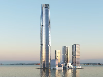 Elegant Modern Office Skyscraper With Adjacent Buildings On Waterfront Area 3d model