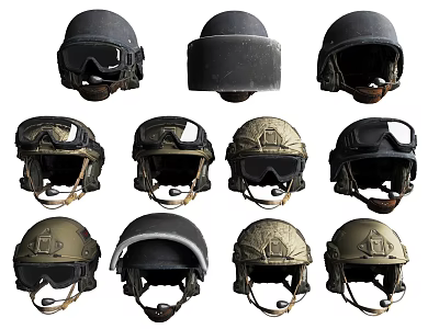Military Tactical Helmets In Different Styles With Protective Visors And Microphones 3d model