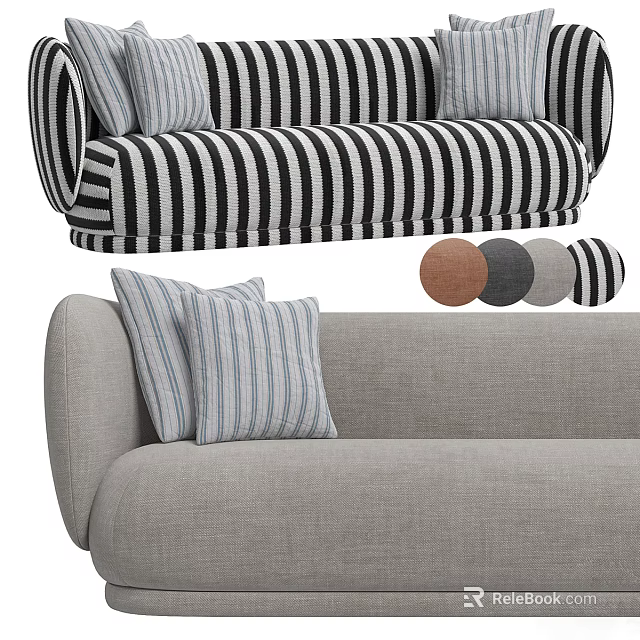 Stylish Black and White Striped Sectional Sofa with Light Gray Version Decorative Pillows and Color Options 3d model 