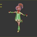 3D Anime Girl Character With Red Ponytail Green Outfit Pink Bow Green Gloves Dancing Pose