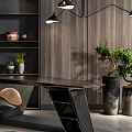 Modern Office Desk With Chair Hanging Lamp Shelf And Green Plant On Wooden Wall