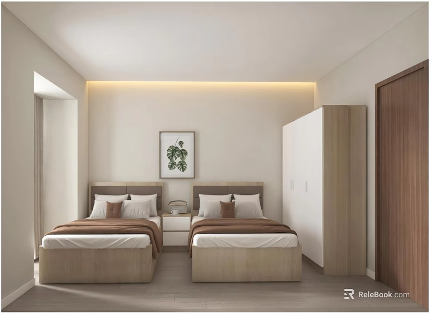 Modern Hotel Guest Room With Twin Beds Wooden Wardrobe And Decorative Painting 3d model 
