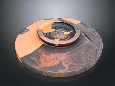 Decorative Round Ceramic Plate with Orange Brown Glaze and Animal Motifs 3d model