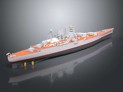 Detailed Warship Model Design With Gray Hull Orange Deck Turrets And Antennas 3d model