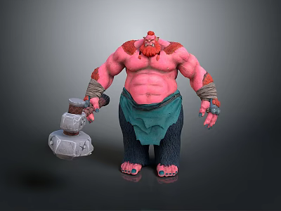 Muscular Tattooed Red Haired Giant Character Holding Stone Hammer With Green Apron 3d model