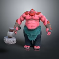 Muscular Tattooed Red Haired Giant Character Holding Stone Hammer With Green Apron