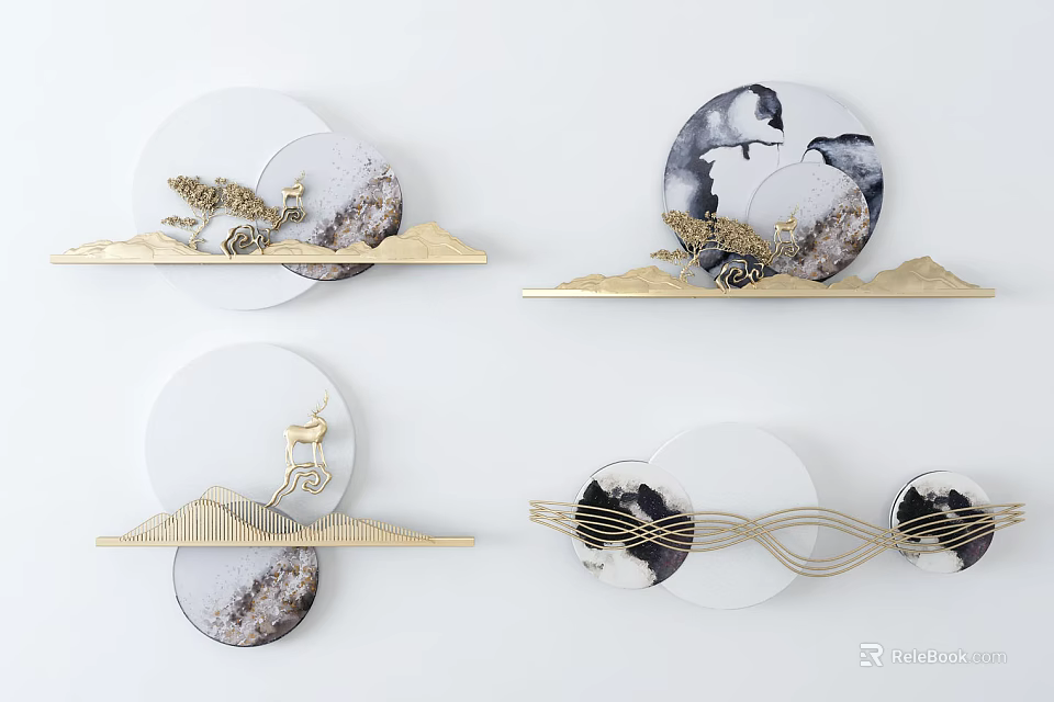 Modern Wall Decor With Circular Design And Golden Landscape Animal Patterns 3d model 