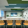 Traditional Chinese Study Room With Long Table Wooden Bookshelves And Calligraphy Scrolls