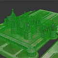 Historic Castle Architecture Model With Multiple Spires Towers Green Lawns And Water Moat