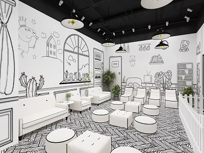 Cartoon Themed Mall Store Interior With Cozy Seating Greenery And Lights 3d model