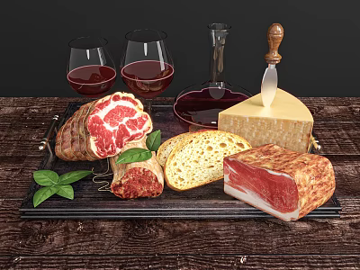 Delicious Wooden Food Platter With Raw Meat Bread Cheese Ham Decanter And Red Wine Glasses 3d model
