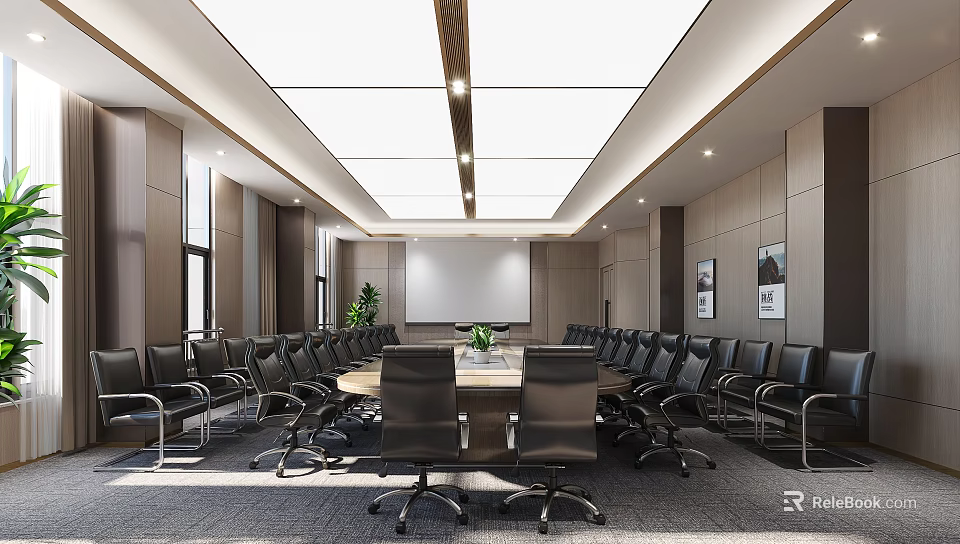 Modern Conference Room With Long Table Black Chairs Projection Screen Wooden Walls White Ceiling 3d model 