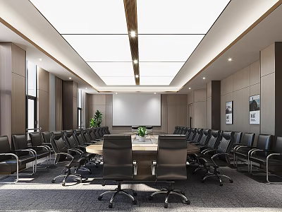 Modern Conference Room With Long Table Black Chairs Projection Screen Wooden Walls White Ceiling 3d model