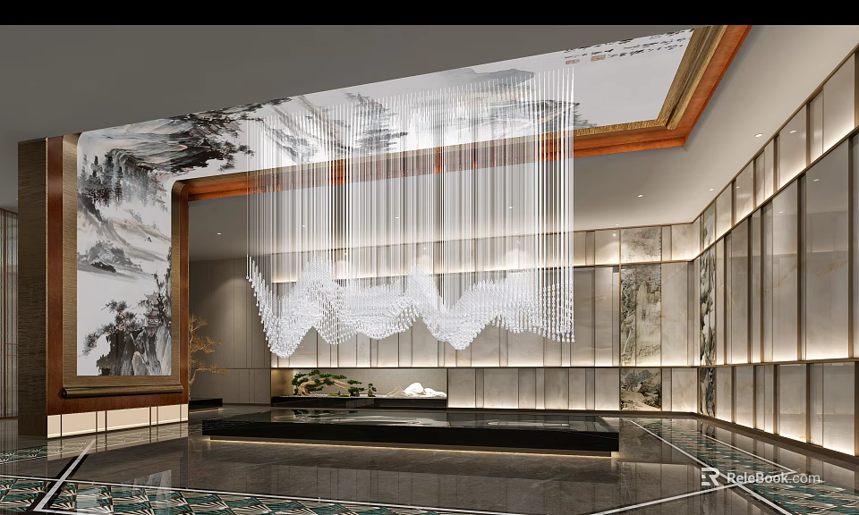 Luxurious Hotel Lobby Interior With Crystal Chandelier Mountain Landscape Painting And Marble Walls 3d model 