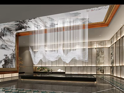 Luxurious Hotel Lobby Interior With Crystal Chandelier Mountain Landscape Painting And Marble Walls 3d model