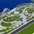 Modern Open Park Landscape With Curved Walkways Green Spaces Water Features Seaside