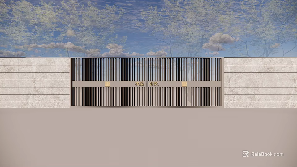Garden Landscape Entrance Featuring Metal Grille Gate And Stone Wall Design 3d model 
