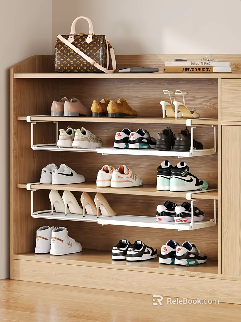 Organized Shoes Storage on Wooden Shelf with Sneakers High Heels and Casual Pairs 3d model 