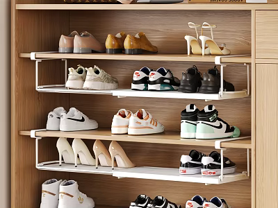 Organized Shoes Storage on Wooden Shelf with Sneakers High Heels and Casual Pairs 3d model