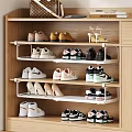 Organized Shoes Storage on Wooden Shelf with Sneakers High Heels and Casual Pairs