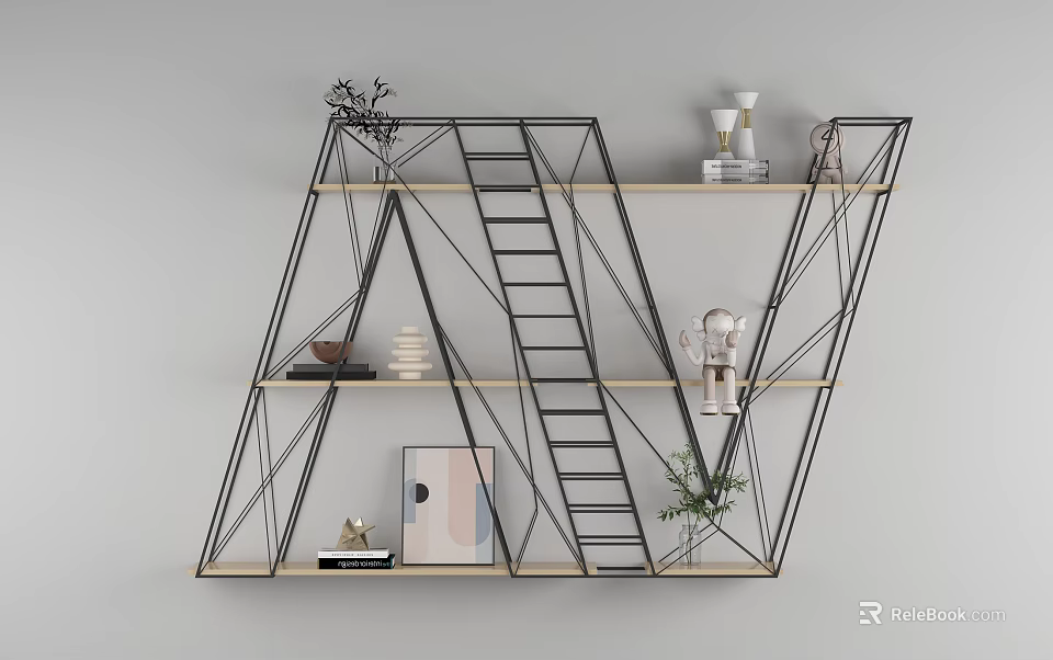 Modern Geometric Metal Frame Wooden Shelves Decorative Ornament Combination With Plants Books Sculptures 3d model 
