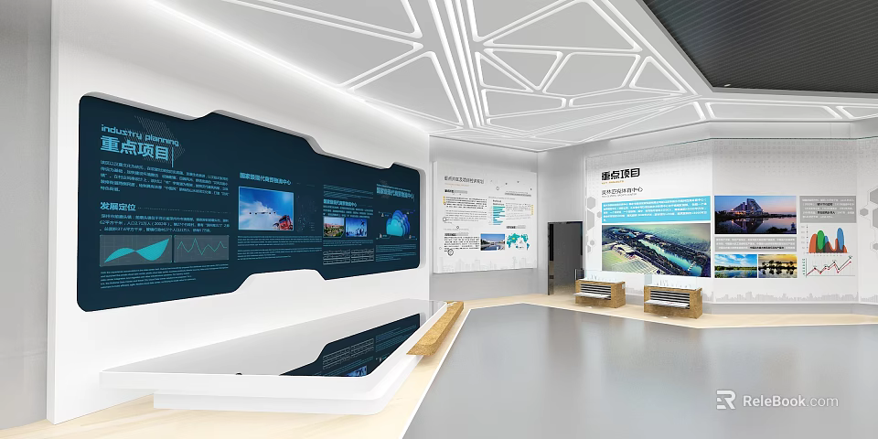 Modern Exhibition Hall Interior With Tech Display Wall Multimedia Infographics And Model 3d model